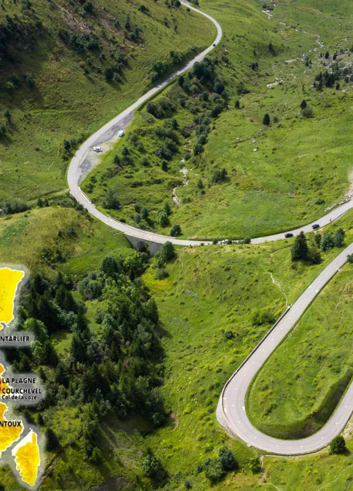 mapa del tour de francia con fotos de carreteras de montaña