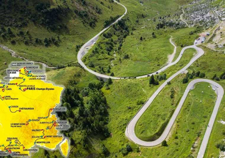 mapa del tour de francia con fotos de carreteras de montaña
